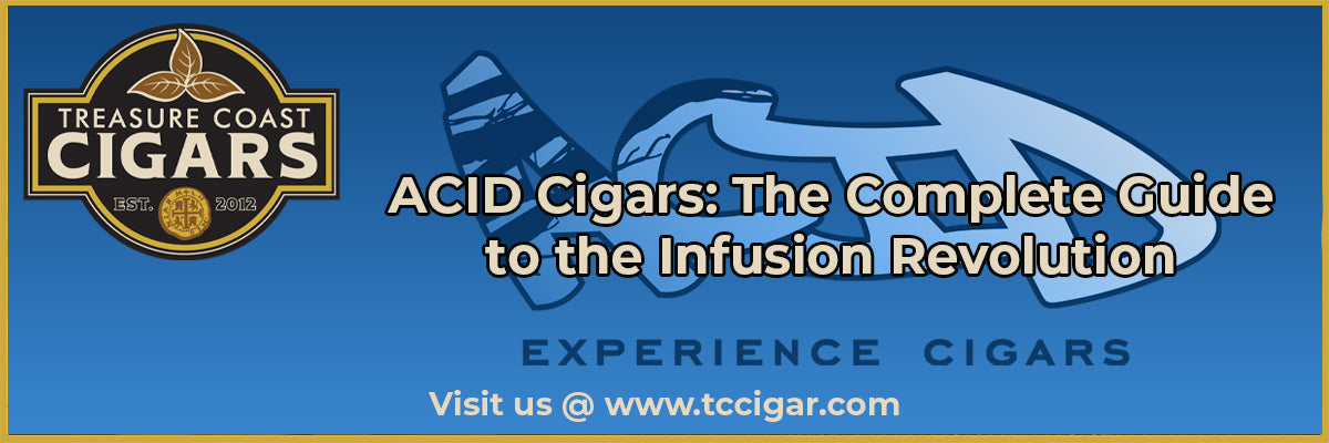 A Blue background with ACID cigar logo and Treasure Coast Cigars logo
