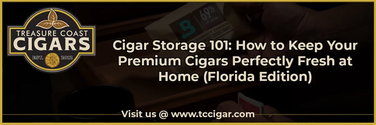 A desktop humidor with a 60 gram 69% Boveda and Treasure Coast Cigars logo