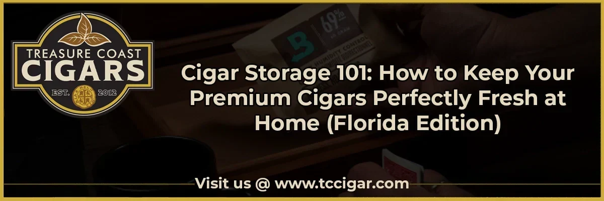 A desktop humidor with a 60 gram 69% Boveda and Treasure Coast Cigars logo