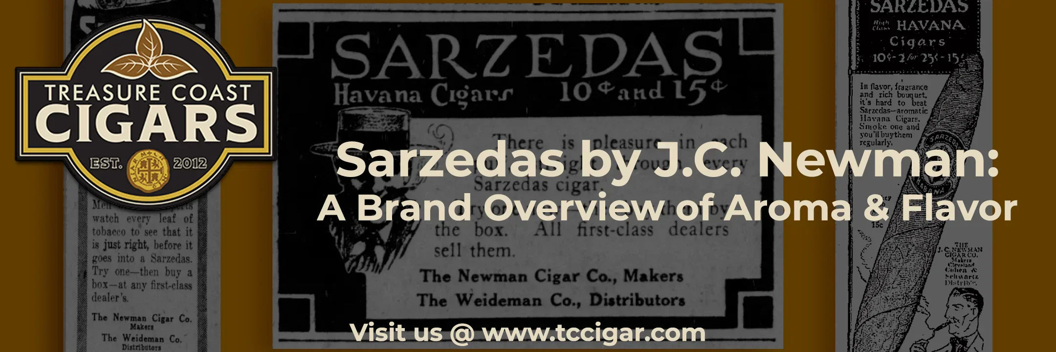 A background of historic cigar advertisements with a Treasure Coast Cigars logo