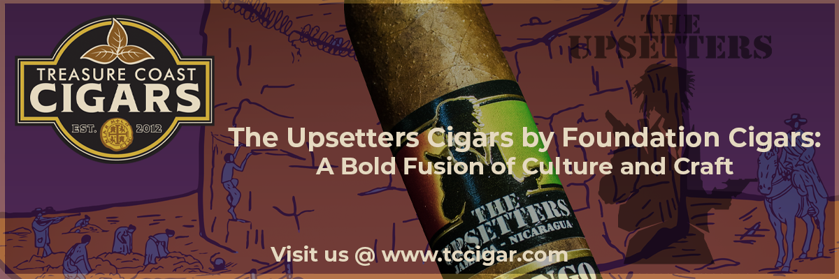 A Treasure Coast Cigars logo with an Upsetters Cigar and brand logo overlay