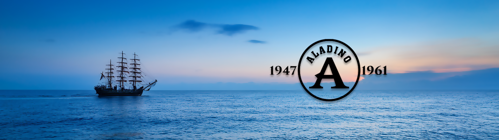 A ship at dusk next to an Aladino logo overlay