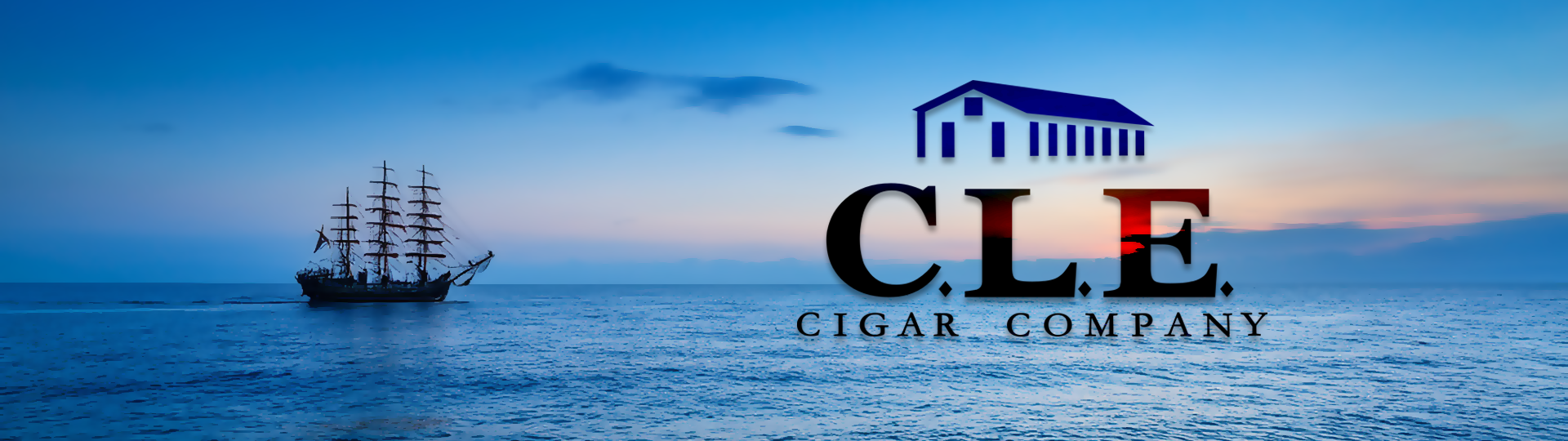 Silhouette of a tall sailing ship on a peaceful ocean at sunset with colorful sky, featuring the CLE logo overlay.