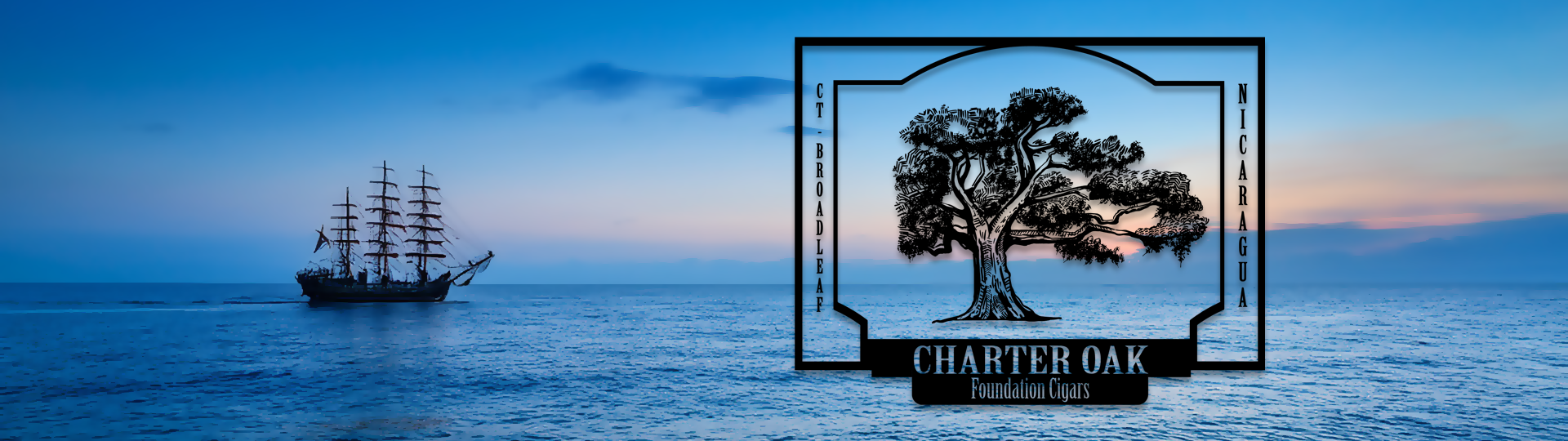 Silhouette of a tall sailing ship on a peaceful ocean at sunset with colorful sky, featuring the Charter Oak Especiales logo overlay.