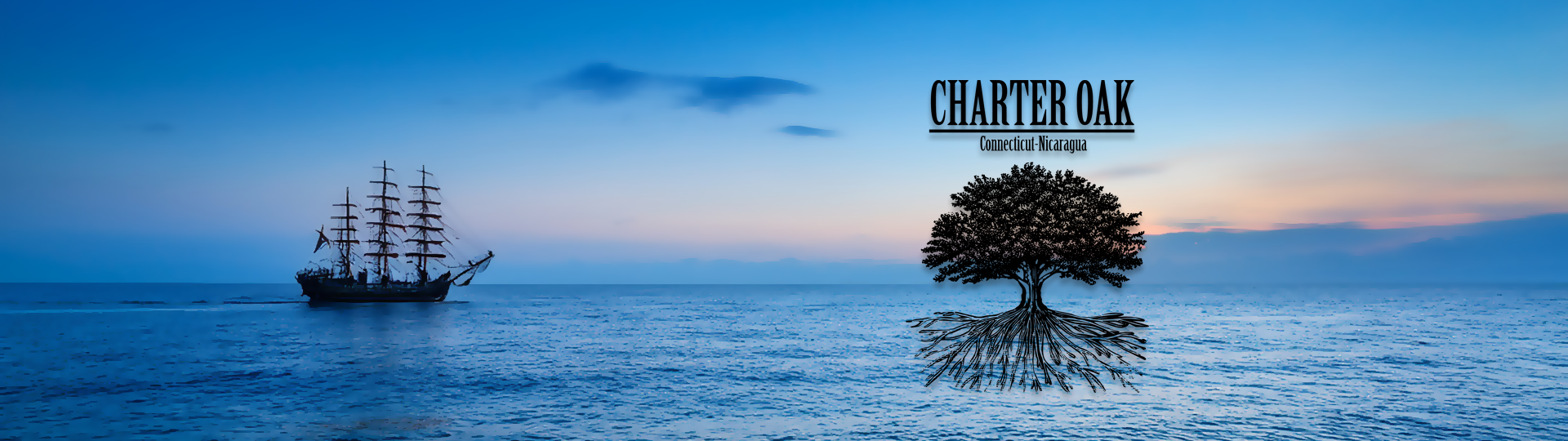 Silhouette of a tall sailing ship on a peaceful ocean at sunset with colorful sky, featuring the Charter Oak logo overlay.