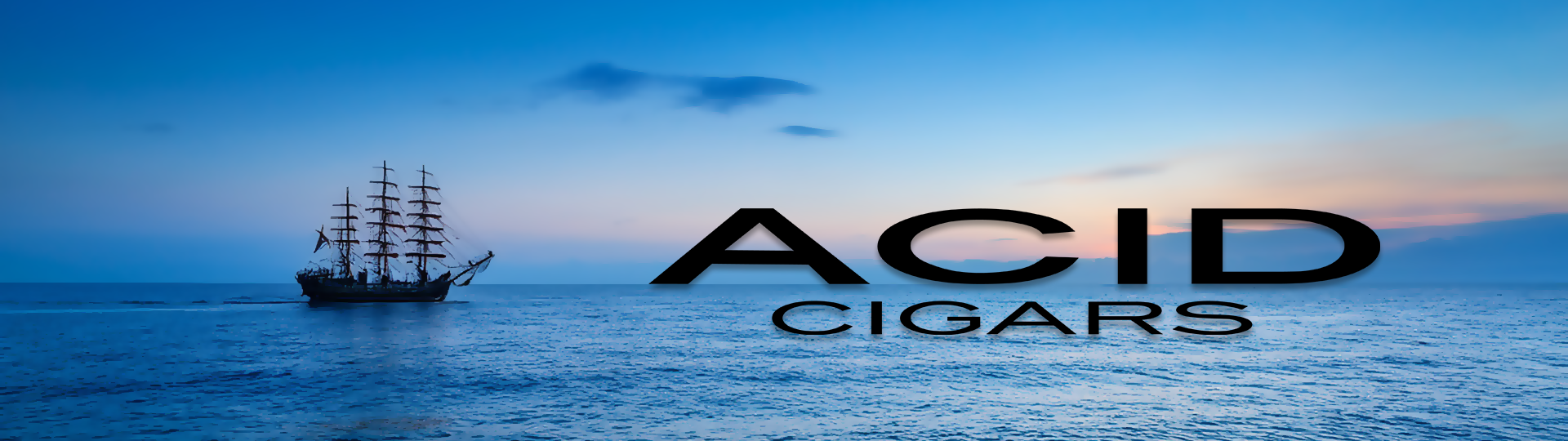A ship at dusk with ACID CIGARS logo