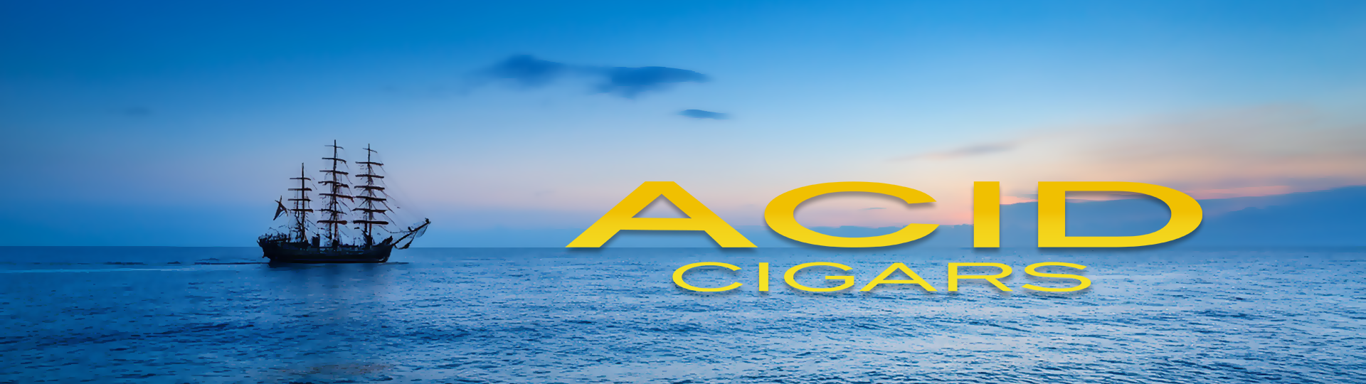 Silhouette of a tall sailing ship on a peaceful ocean at sunset with colorful sky, featuring the ACID Gold logo overlay.