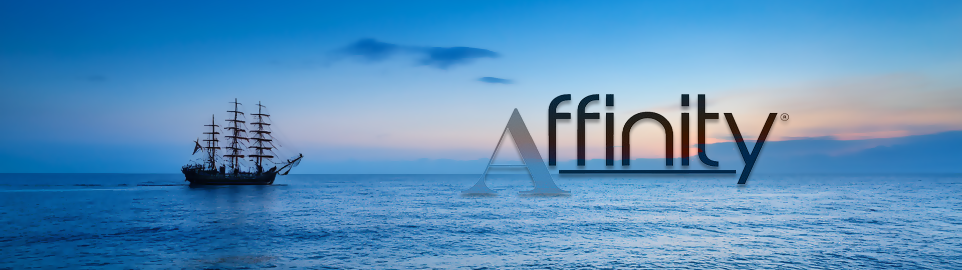 Silhouette of a tall sailing ship on a peaceful ocean at sunset with colorful sky, featuring the Affinity logo overlay.
