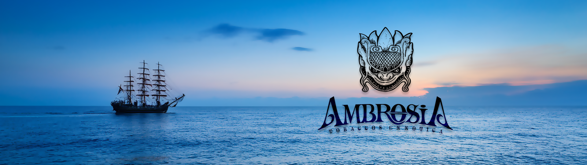 Silhouette of a tall sailing ship on a peaceful ocean at sunset with colorful sky, featuring the Ambrosia logo overlay.