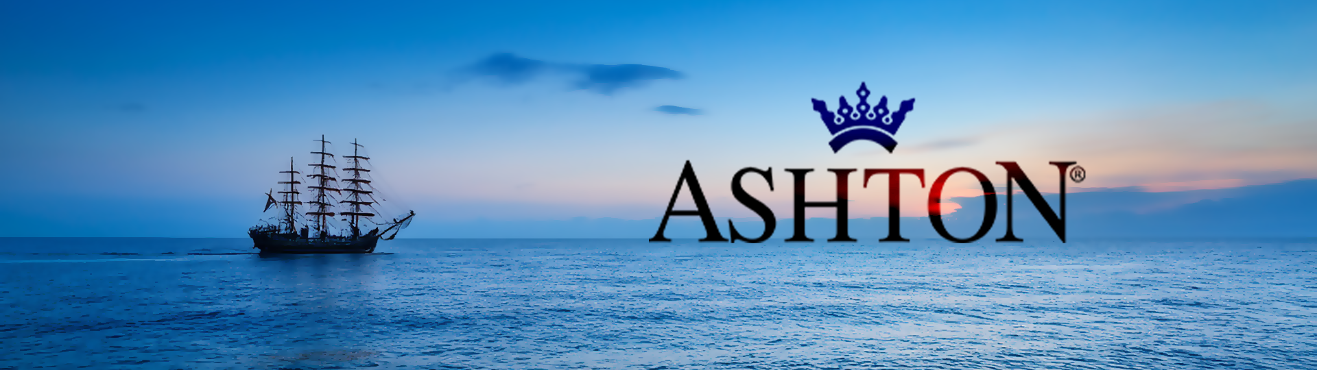 Silhouette of a tall sailing ship on a peaceful ocean at sunset with colorful sky, featuring the Ashton logo overlay.