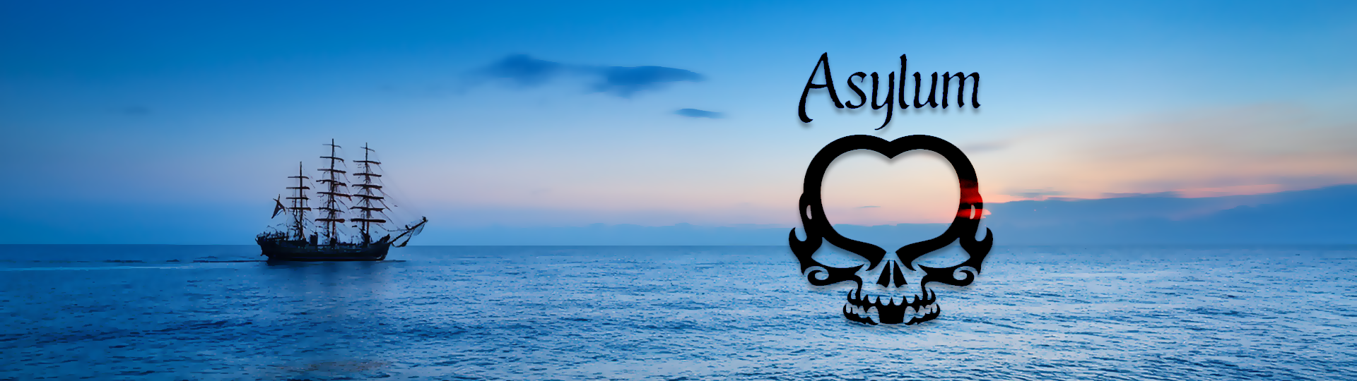 Silhouette of a tall sailing ship on a peaceful ocean at sunset with colorful sky, featuring the Asylum logo overlay.