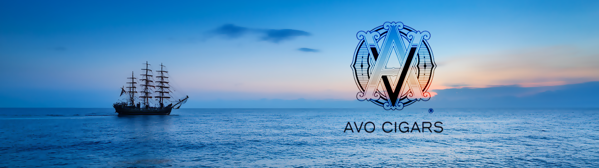 Silhouette of a tall sailing ship on a peaceful ocean at sunset with colorful sky, featuring the Avo logo overlay.