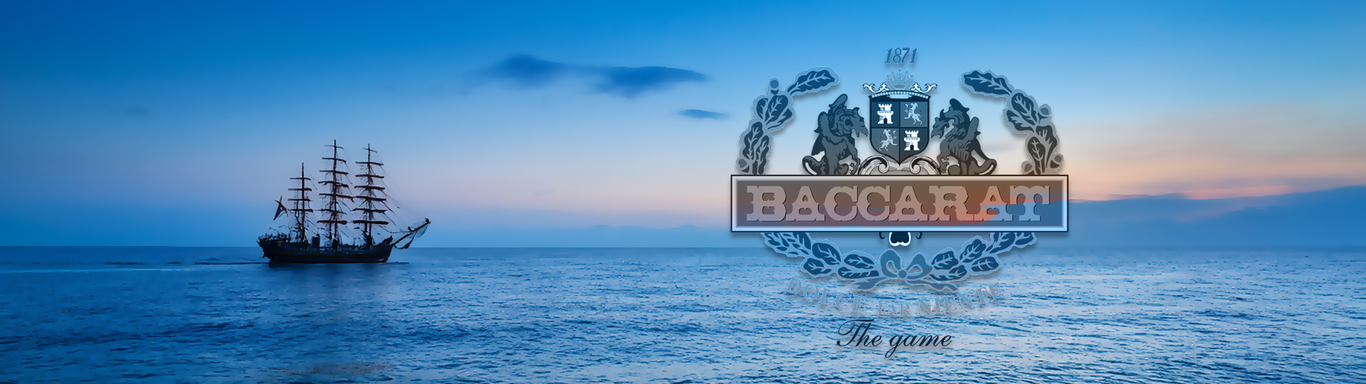 Silhouette of a tall sailing ship on a peaceful ocean at sunset with colorful sky, featuring the Baccarat logo overlay.