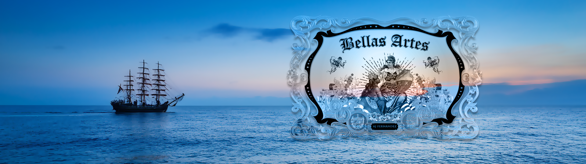 Silhouette of a tall sailing ship on a peaceful ocean at sunset with colorful sky, featuring the Bellas Artes logo overlay.