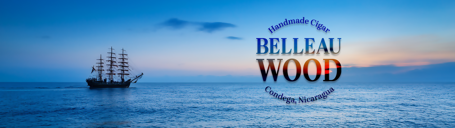 Silhouette of a tall sailing ship on a peaceful ocean at sunset with colorful sky, featuring the Belleau Wood logo overlay.