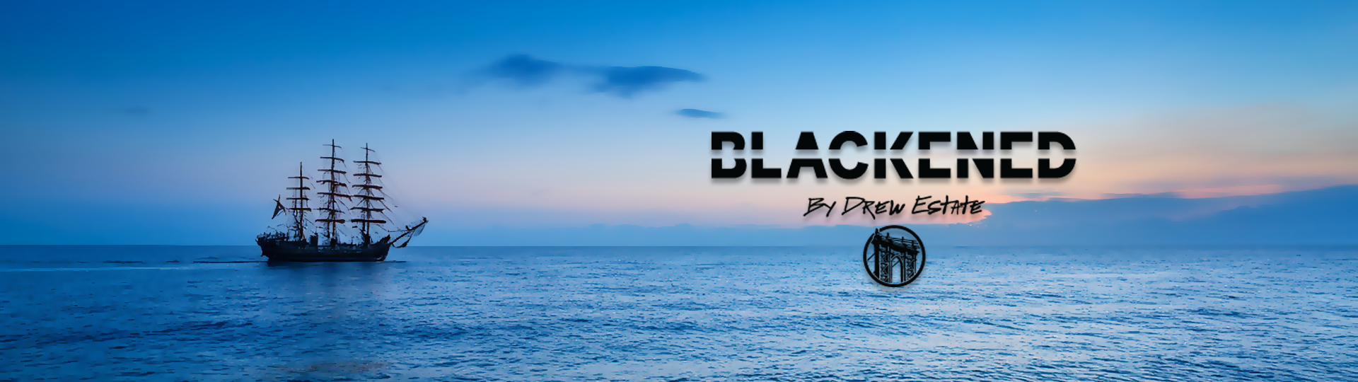 Silhouette of a tall sailing ship on a peaceful ocean at sunset with colorful sky, featuring the Blackened logo overlay.