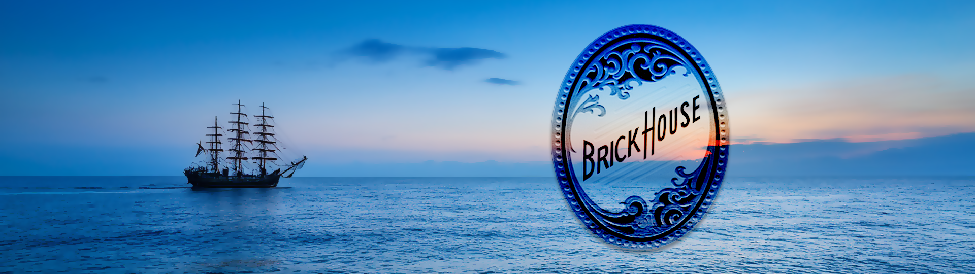 Silhouette of a tall sailing ship on a peaceful ocean at sunset with colorful sky, featuring the Brick House logo overlay.