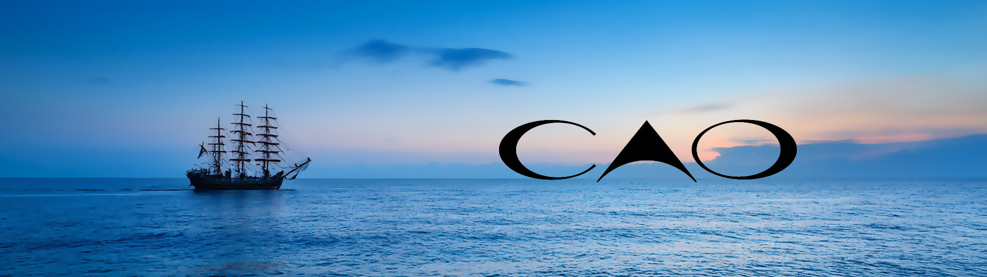 Silhouette of a tall sailing ship on a peaceful ocean at sunset with colorful sky, featuring the CAO logo overlay.