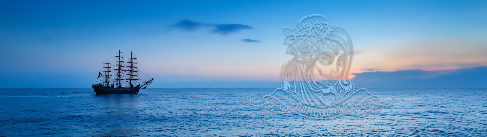 Silhouette of a tall sailing ship on a peaceful ocean at sunset with colorful sky, featuring a Deadwood Dominicana logo overlay.