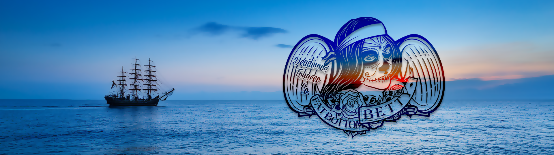 Silhouette of a tall sailing ship on a peaceful ocean at sunset with colorful sky, featuring the Deadwood logo overlay.