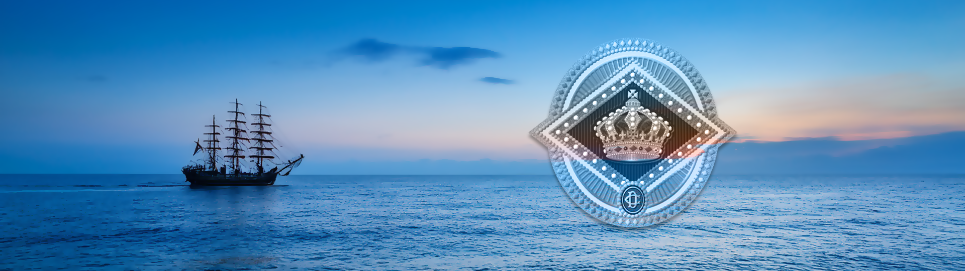 Silhouette of a tall sailing ship on a peaceful ocean at sunset with colorful sky, featuring the Diamond Crown logo overlay.