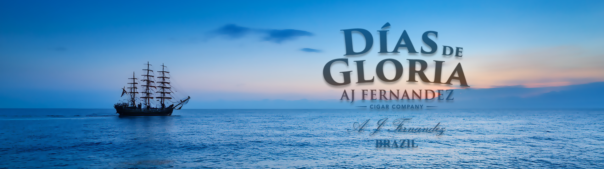 Silhouette of a tall sailing ship on a peaceful ocean at sunset with colorful sky, featuring the Dias De Gloria logo overlay.