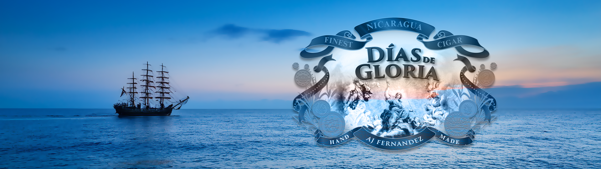 Silhouette of a tall sailing ship on a peaceful ocean at sunset with colorful sky, featuring the Dias De Gloria logo overlay.