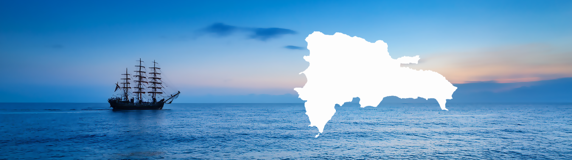 A ship at sunset with an outline of Dominican Republic