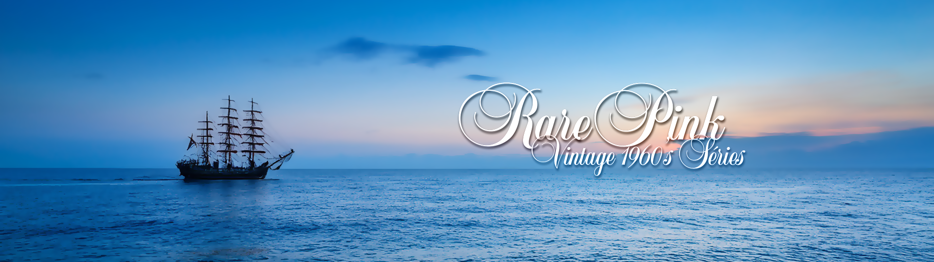 Silhouette of a tall sailing ship on a peaceful ocean at sunset with colorful sky, featuring the Rare Pink logo overlay.