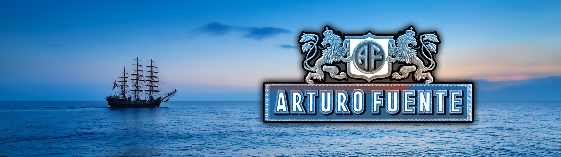 Ship at dusk next to an Arturo Fuente logo overlay