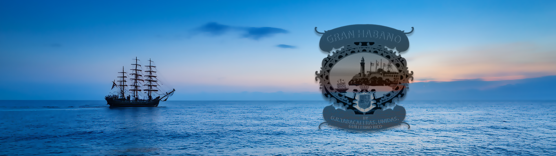 Silhouette of a tall sailing ship on a peaceful ocean at sunset with colorful sky, featuring the Gran Habano logo overlay.