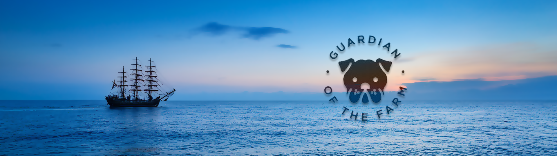 Silhouette of a tall sailing ship on a peaceful ocean at sunset with colorful sky, featuring the Guardian of the Farm logo overlay.