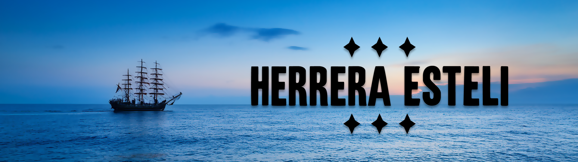 Silhouette of a tall sailing ship on a peaceful ocean at sunset with colorful sky, featuring the Herrera Esteli logo overlay.