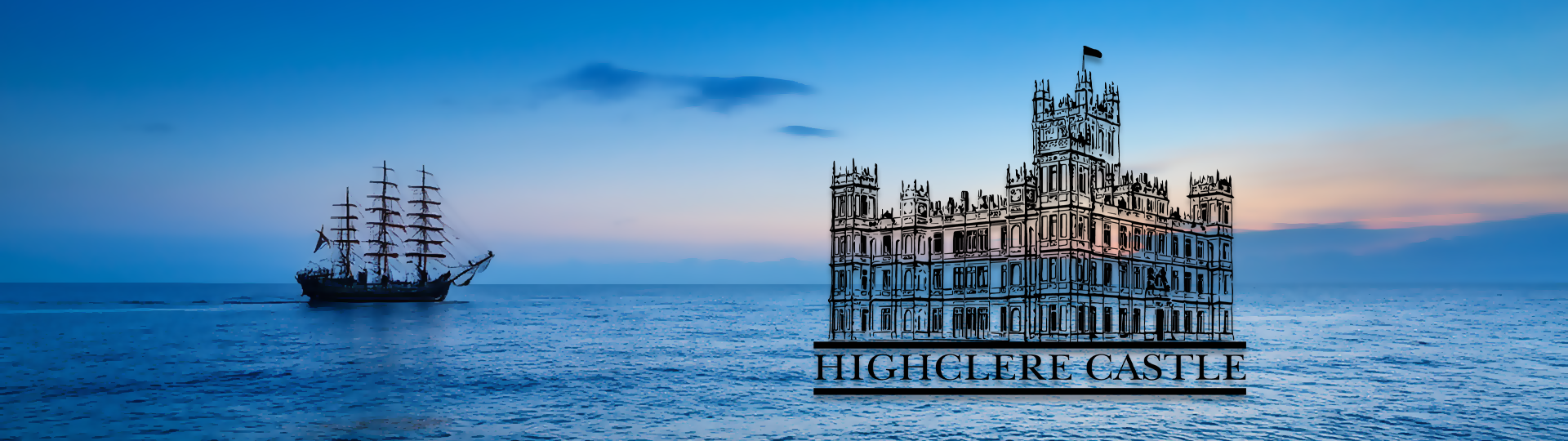 Silhouette of a tall sailing ship on a peaceful ocean at sunset with colorful sky, featuring the Highclere Castle logo overlay.