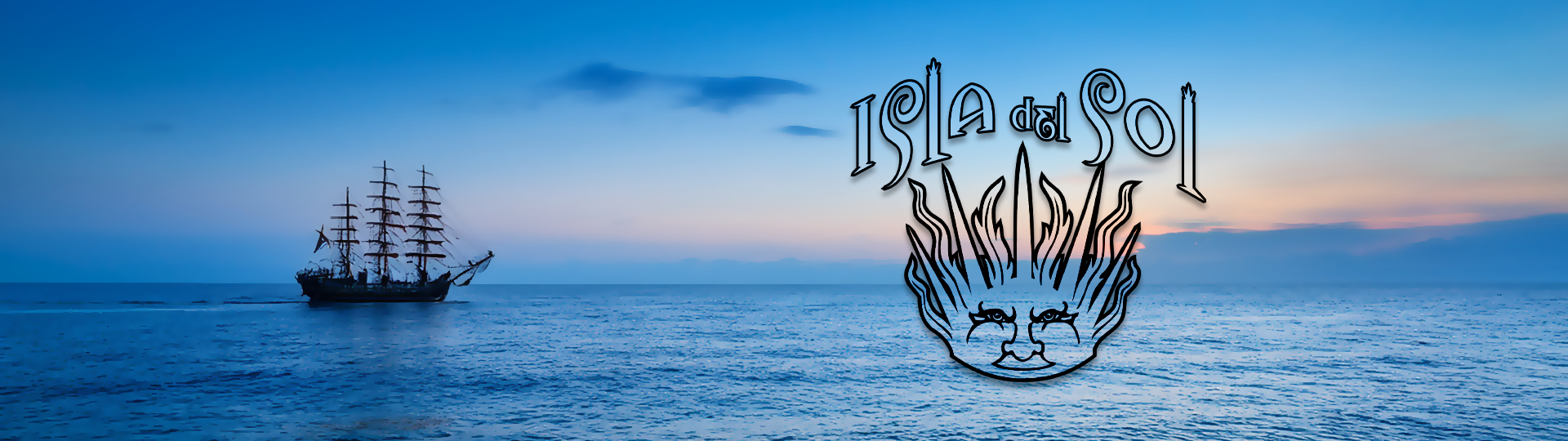 Silhouette of a tall sailing ship on a peaceful ocean at sunset with colorful sky, featuring the Isla del Sol logo overlay.