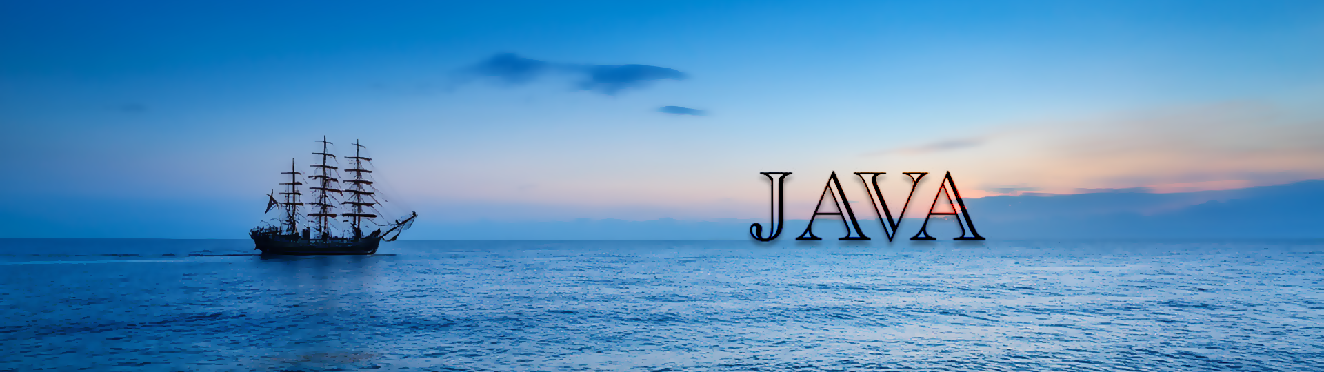 Silhouette of a tall sailing ship on a peaceful ocean at sunset with colorful sky, featuring the Java logo overlay.