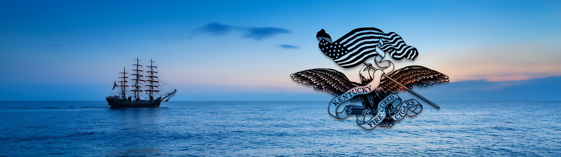 Silhouette of a tall sailing ship on a peaceful ocean at sunset with colorful sky, featuring the Kentucky Fire Cured logo overlay.