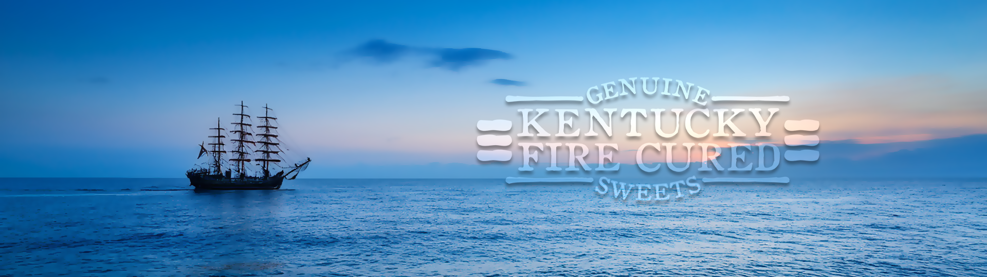 Silhouette of a tall sailing ship on a peaceful ocean at sunset with colorful sky, featuring the Kentucky Fire Cured Sweets logo overlay.