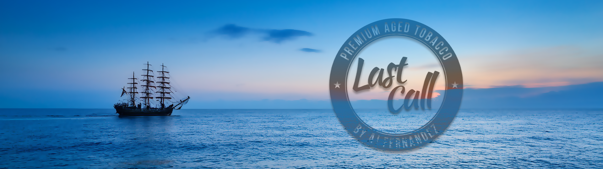 Silhouette of a tall sailing ship on a peaceful ocean at sunset with colorful sky, featuring the Last Call logo overlay.