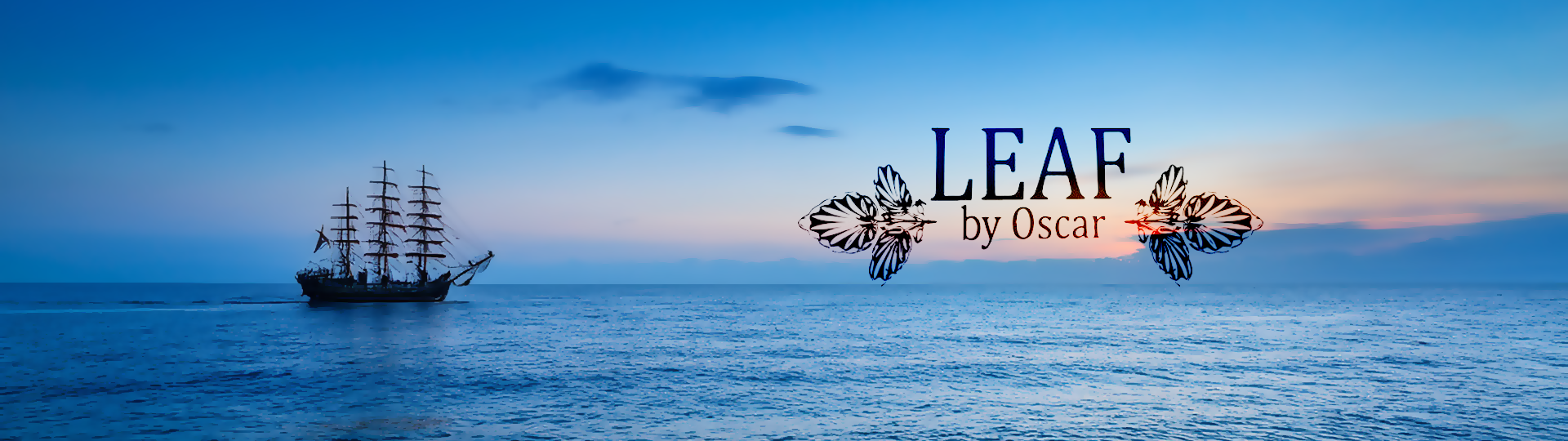 Silhouette of a tall sailing ship on a peaceful ocean at sunset with colorful sky, featuring the Leaf by Oscar logo overlay.
