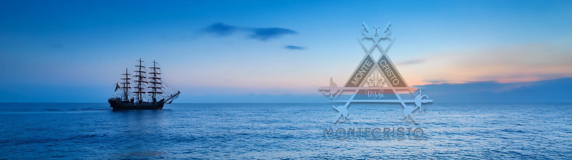 A ship at sunset with a Montecristo logo overlay