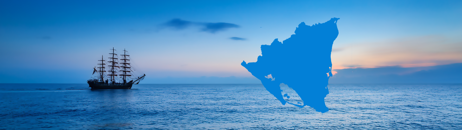 a ship at sunset with an outline of Nicaragua