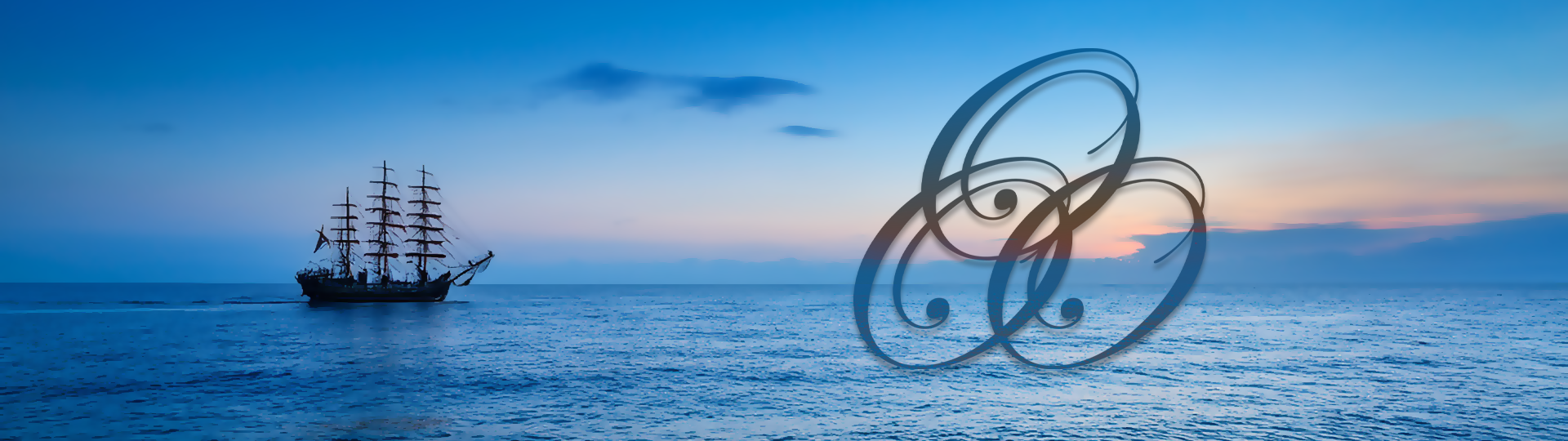 Silhouette of a tall sailing ship on a peaceful ocean at sunset with colorful sky, featuring the Omar Ortez Originals logo overlay.