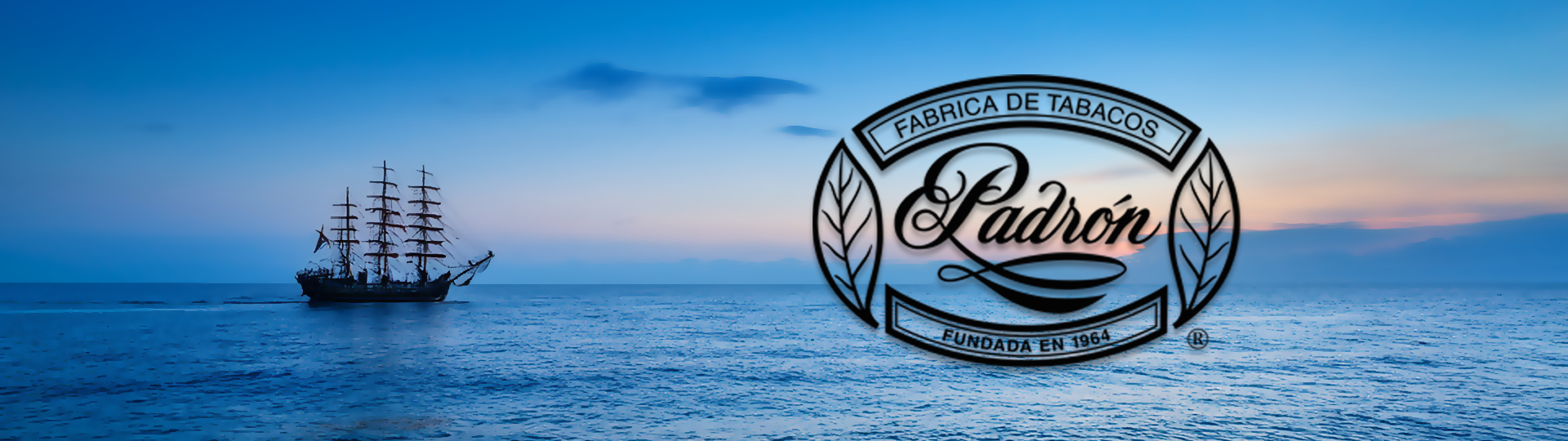 Silhouette of a tall sailing ship on a peaceful ocean at sunset with colorful sky, featuring the Padron logo overlay.