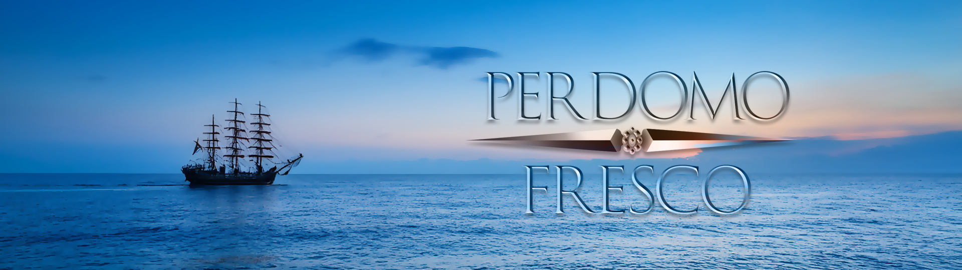 Silhouette of a tall sailing ship on a peaceful ocean at sunset with colorful sky, featuring the Perdomo Fresco logo overlay.