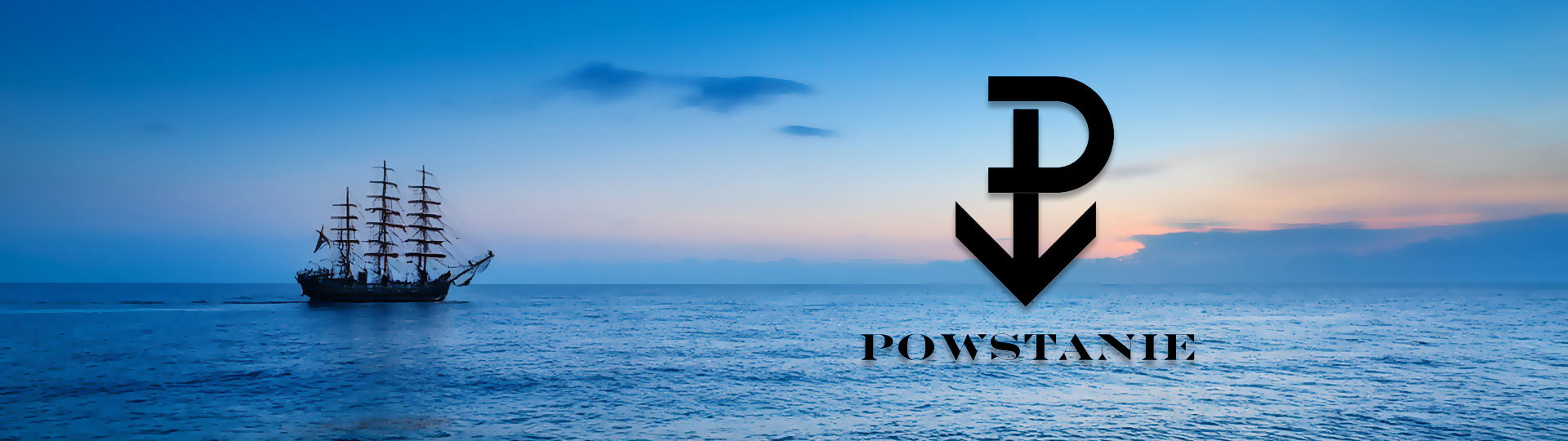 Silhouette of a tall sailing ship on a peaceful ocean at sunset with colorful sky, featuring the Powstanie logo overlay.