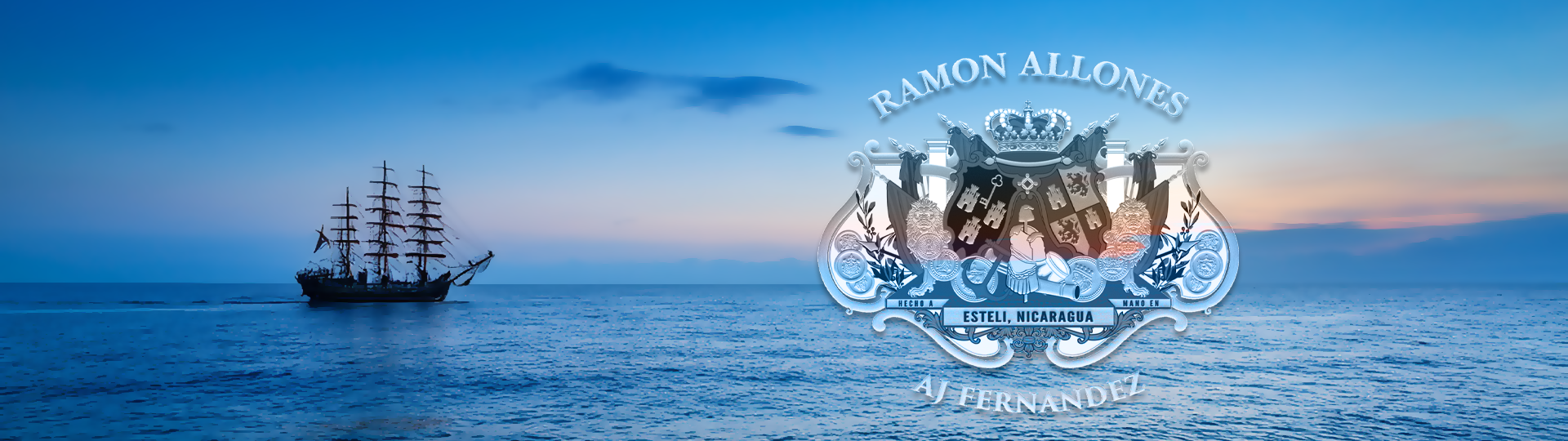 Silhouette of a tall sailing ship on a peaceful ocean at sunset with colorful sky, featuring the Ramon Allones logo overlay.