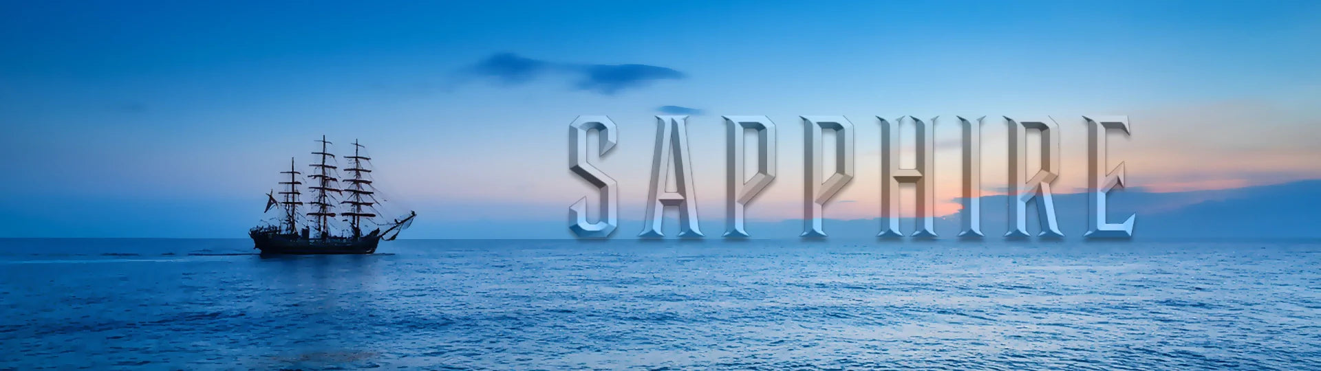 A ship sailing at dusk with a Rocky Patel Sapphire logo overlay