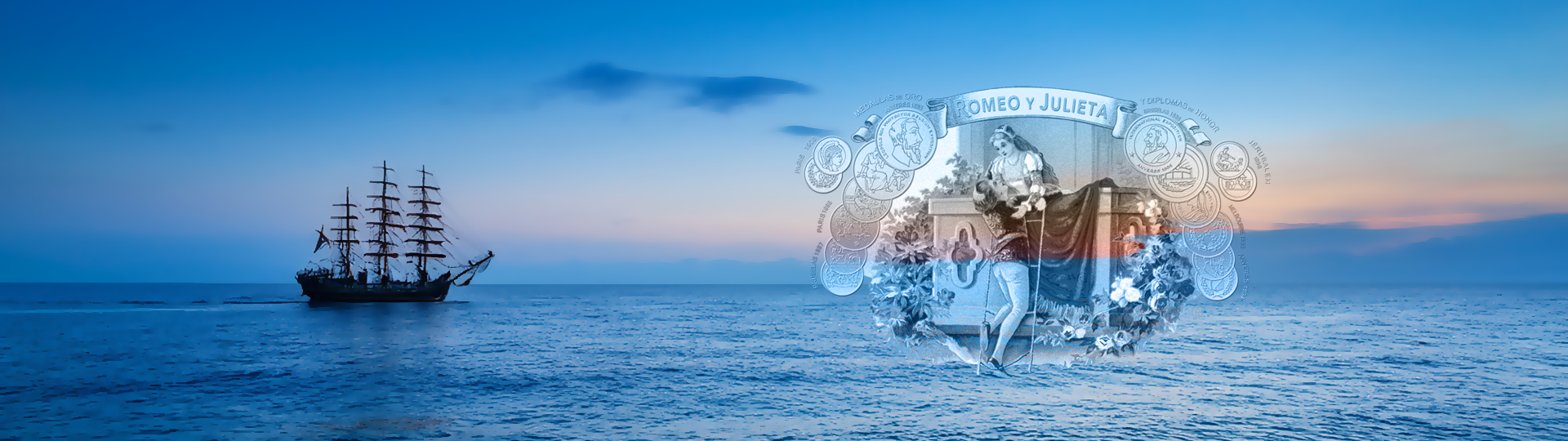 A ship at dusk next to a Romeo y Julieta logo overlay