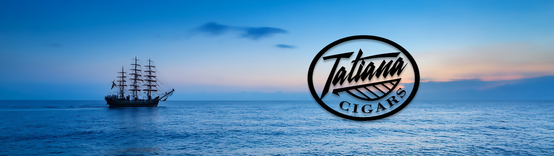 Silhouette of a tall sailing ship on a peaceful ocean at sunset with colorful sky, featuring the Tatiana logo overlay.